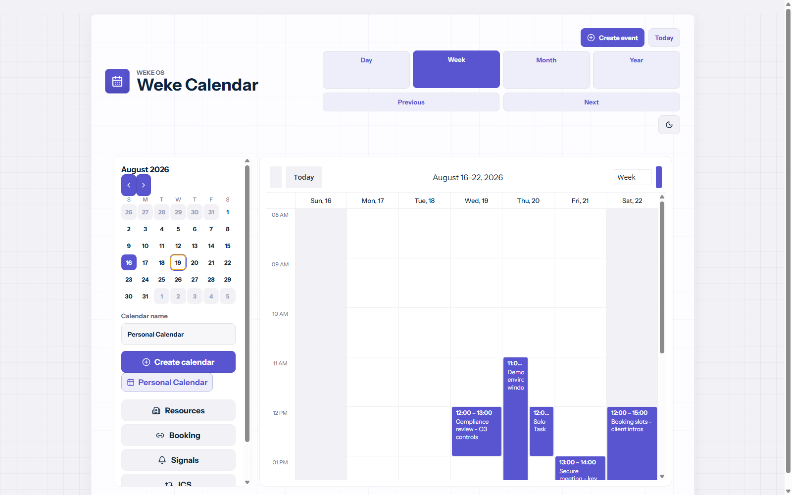 Weke Calendar week view with operational events on the time grid