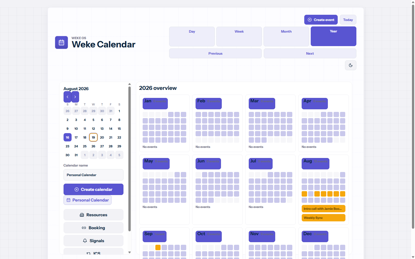 Weke Calendar year view with monthly event density